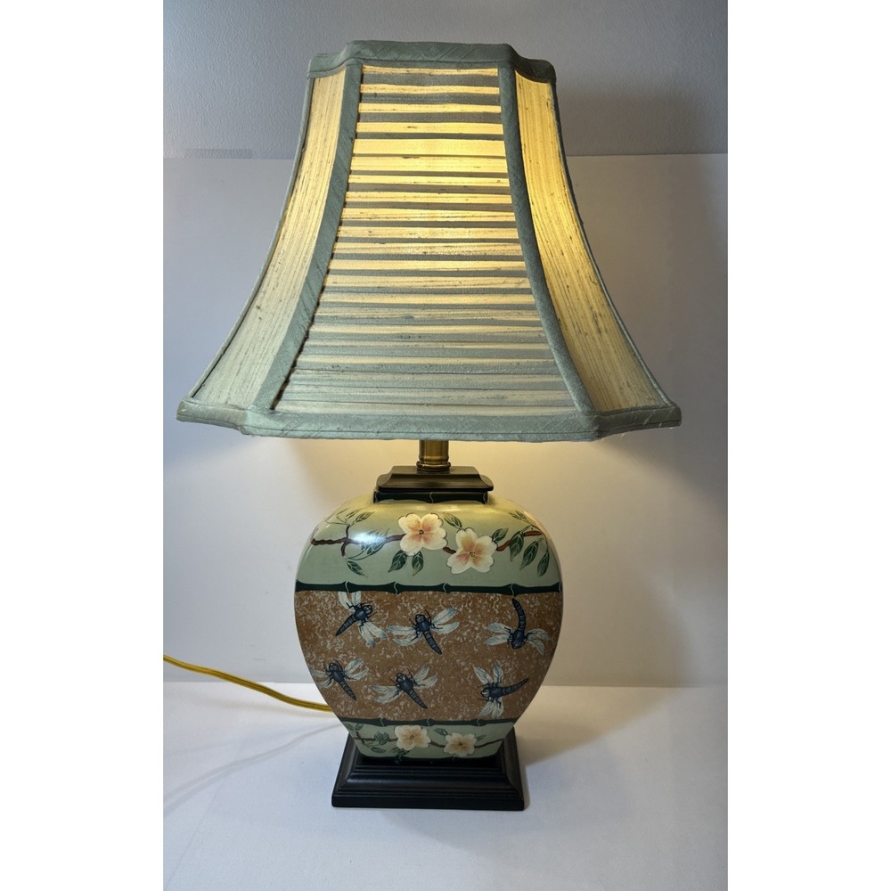 Oriental Accent Table Lamp Ginger Jar Dragonfly Floral Ceramic Bamboo Shade Vtg